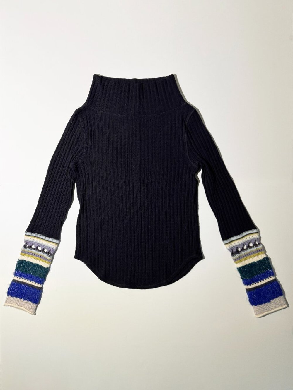 Free People Black Mixed Up Cuff Ribbed Mock Neck Top Colorful Sleeves Boho